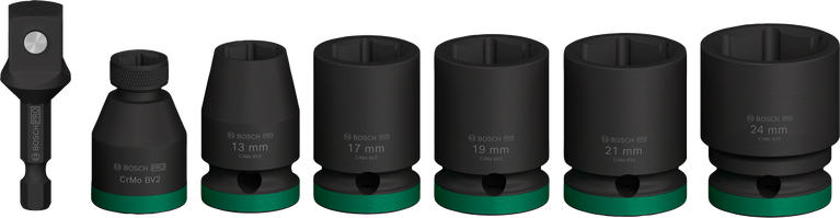 Set Kunci Sok Impact Bosch PRO dengan adaptor, 7 buah.